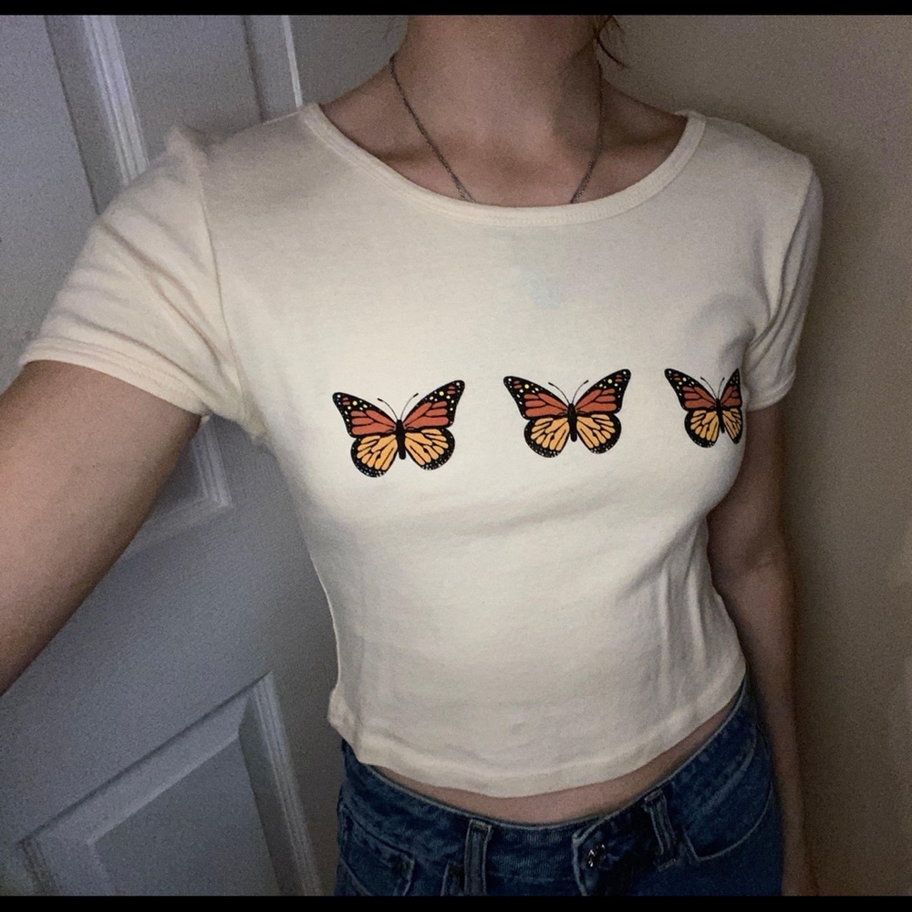 cream t shirt with butterfly embroidery